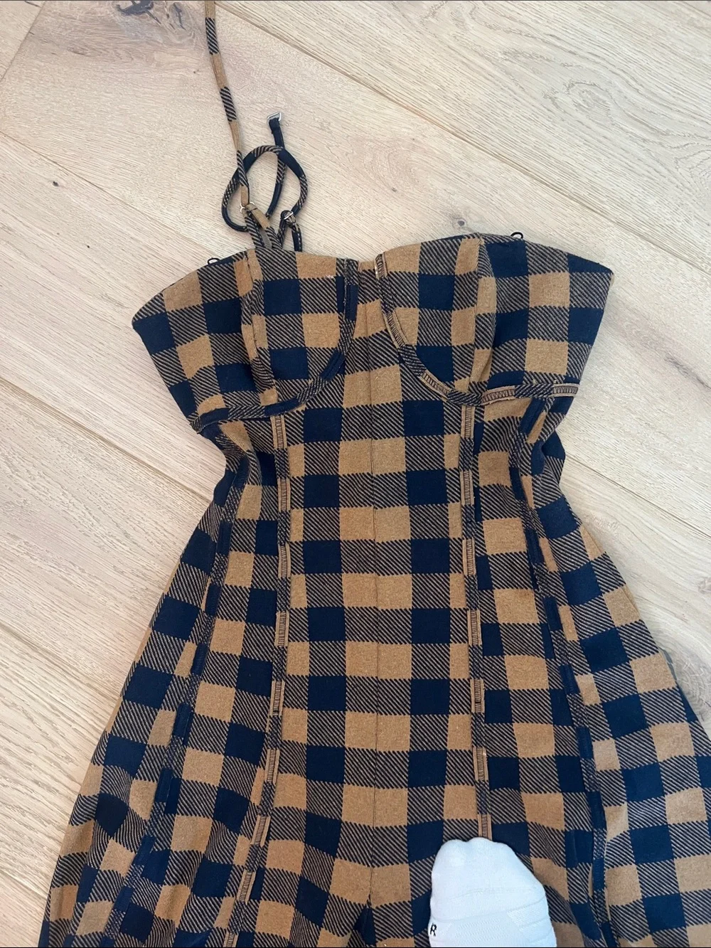 Strapless Wide-Leg Jumpsuit in Black and Tan Plaid - Picture 2 of 4